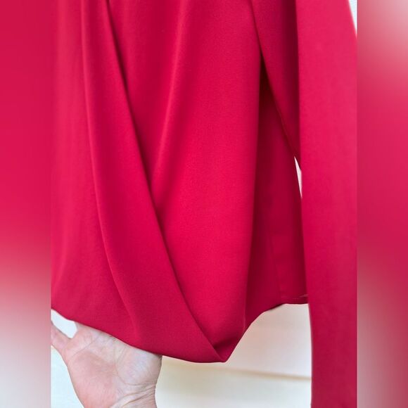 ANDB rich red long sleeved blouse, overlapping flap draped at waist, neck flap M - Picture 5 of 9